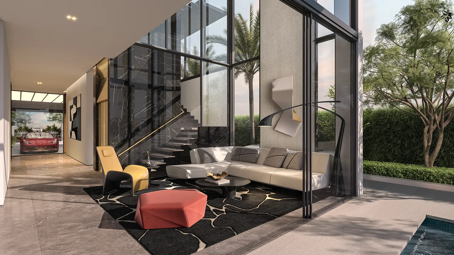 imgi_78_66ffb2969507968500950e01_03-BV-M Rendering – Interior Living and Show Garage_M_REV04 Villa Baia Luna – The Beach Collection